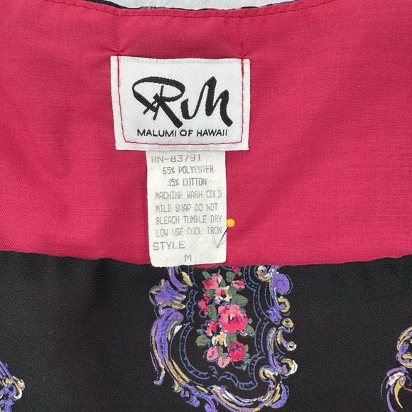 Vintage RM Muumuu Dress Womens Medium Hawaiian Black Floral Midi Ruffle - Picture 3 of 7
